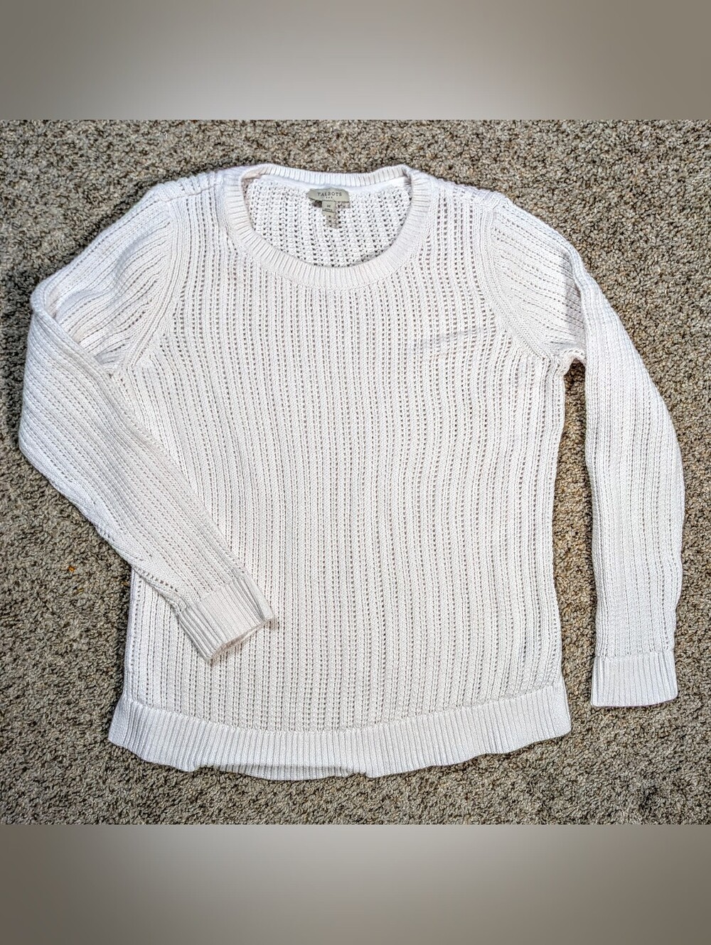 Talbots Open Knit Sweater Womens White Cotton Crewneck Pullover Size Medium